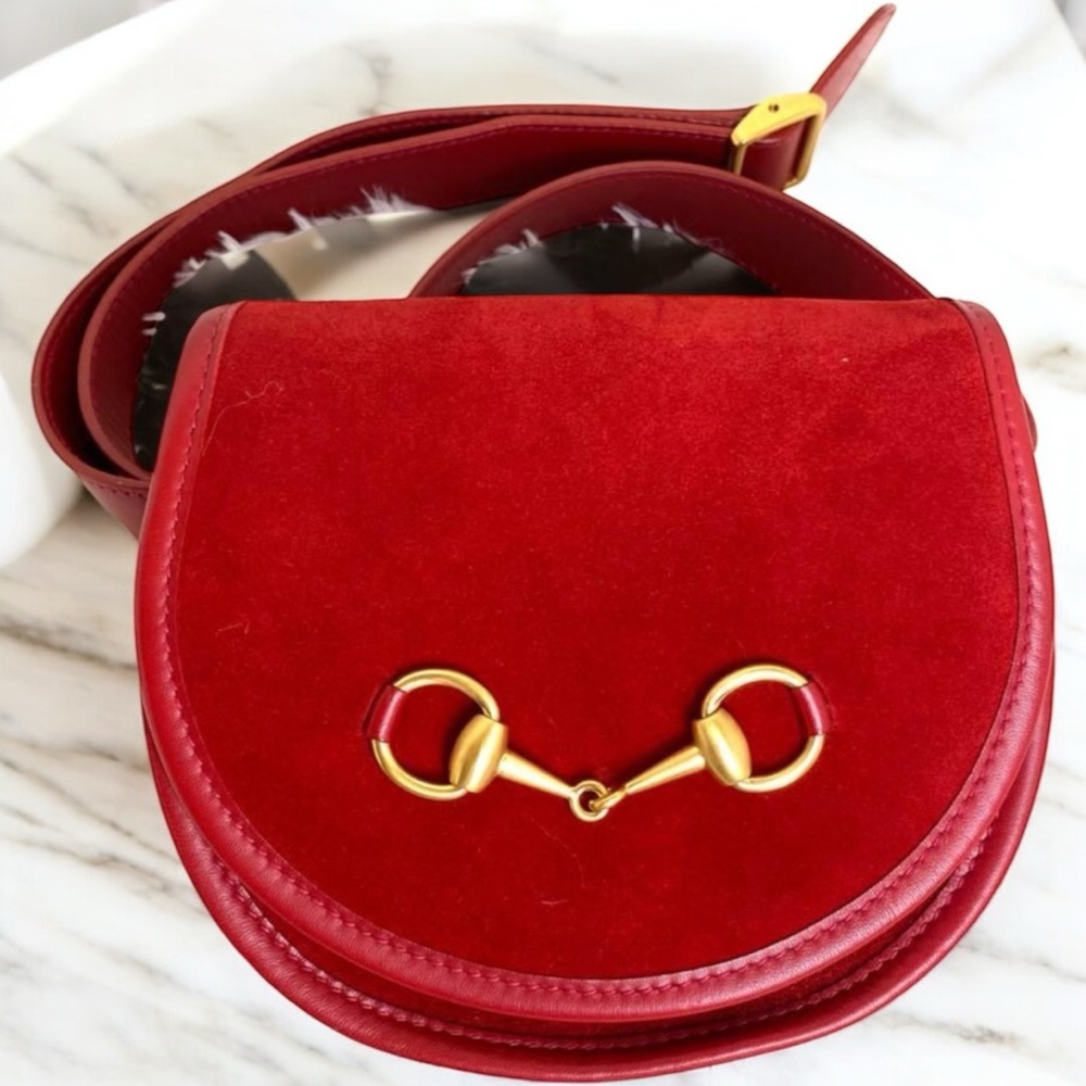 Gucci Horsebit Suede Waist Bag Mini Saddle Clutch Leather Red Gold Vintage COA - Picture 1 of 16